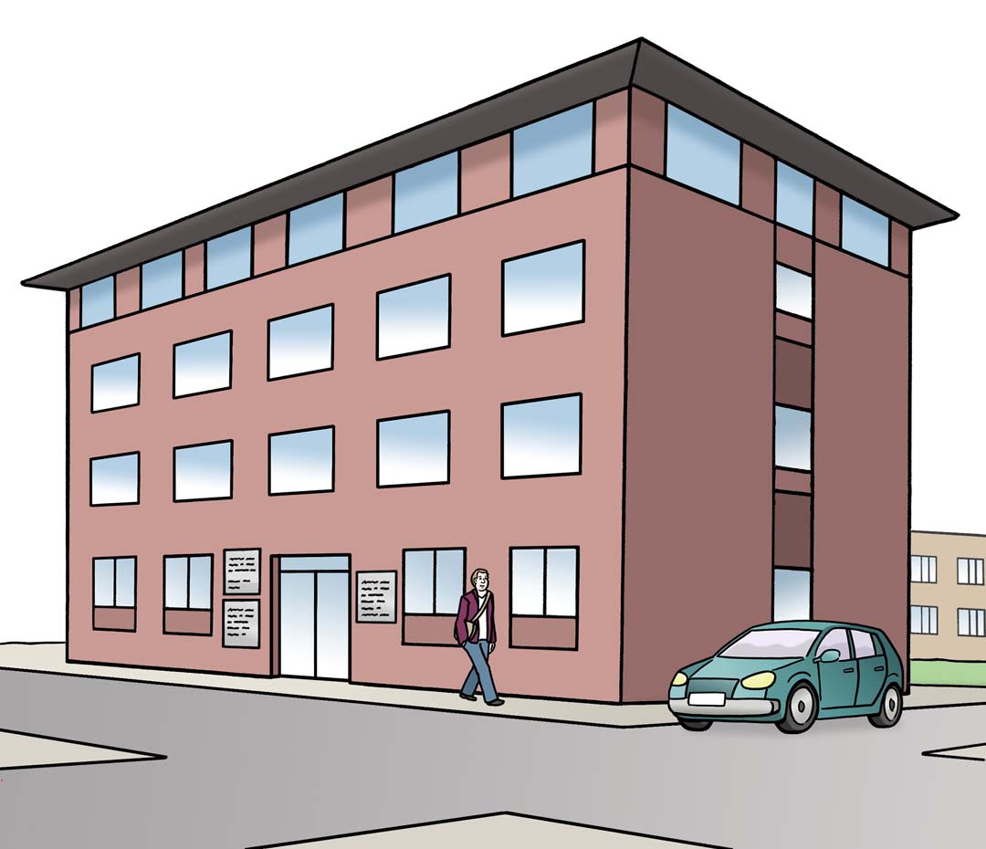 Zeichnung: Bürohaus an Straße