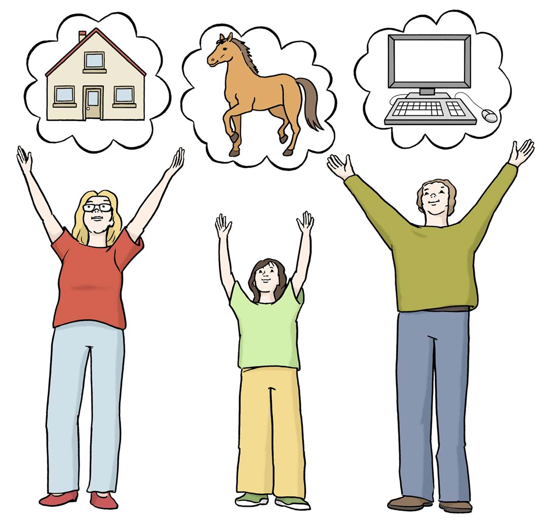 Zeichnung: Menschen stellen sich ihre Wünsche vor